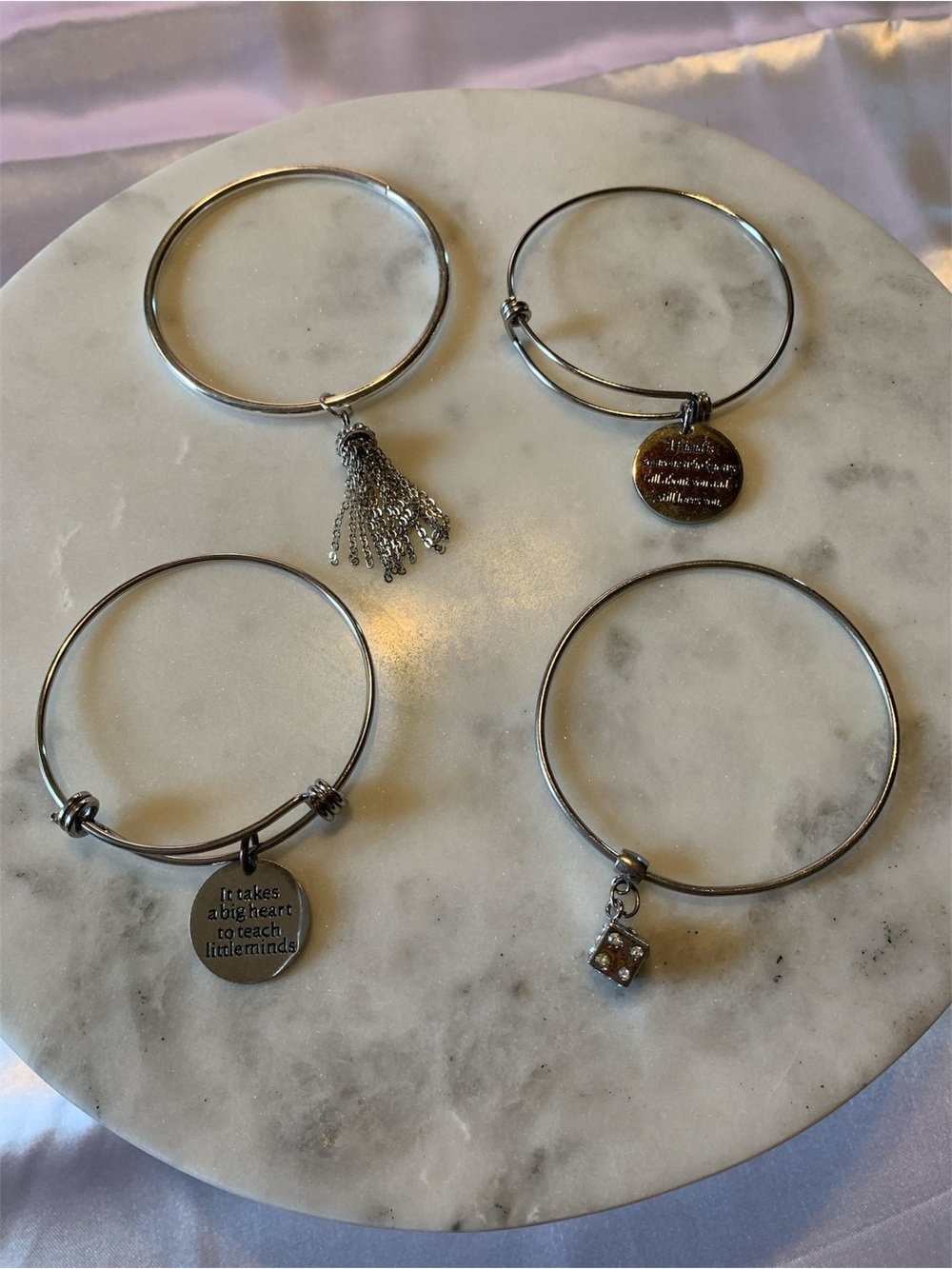 Silver Tone Charm Bangle Bracelet Set - 4 Pieces